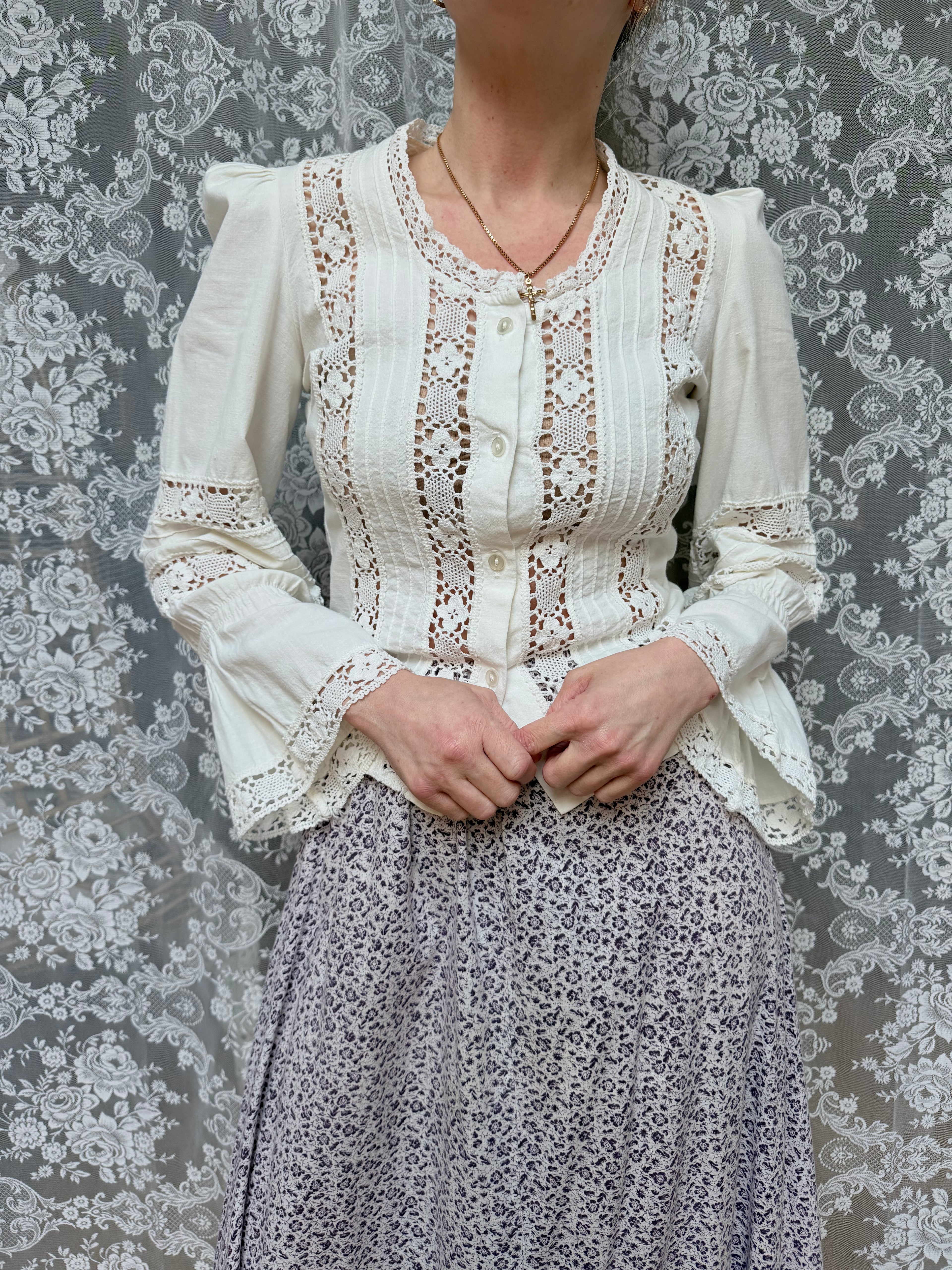 The Maiden: Vintage 1970s Laura Ashley Lace Prairie Bell Sleeve Blouse