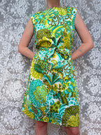 1960s Hillora Psychedelic Green Floral Cotton Mini Dress