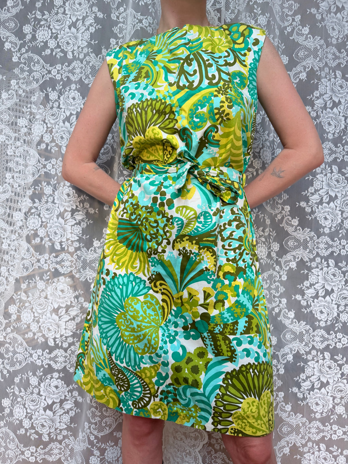 1960s Hillora Psychedelic Green Floral Cotton Mini Dress