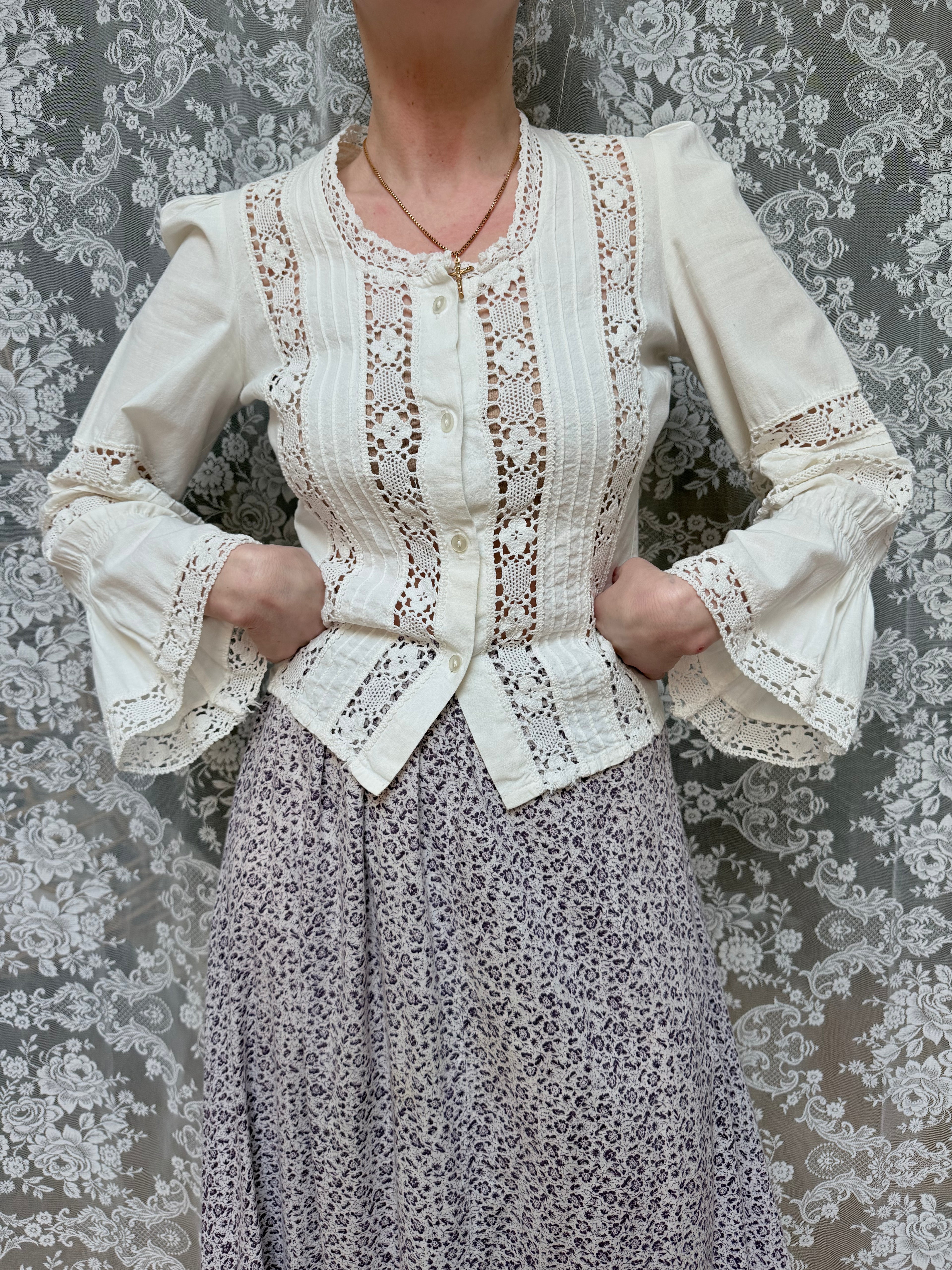 The Maiden: Vintage 1970s Laura Ashley Lace Prairie Bell Sleeve Blouse