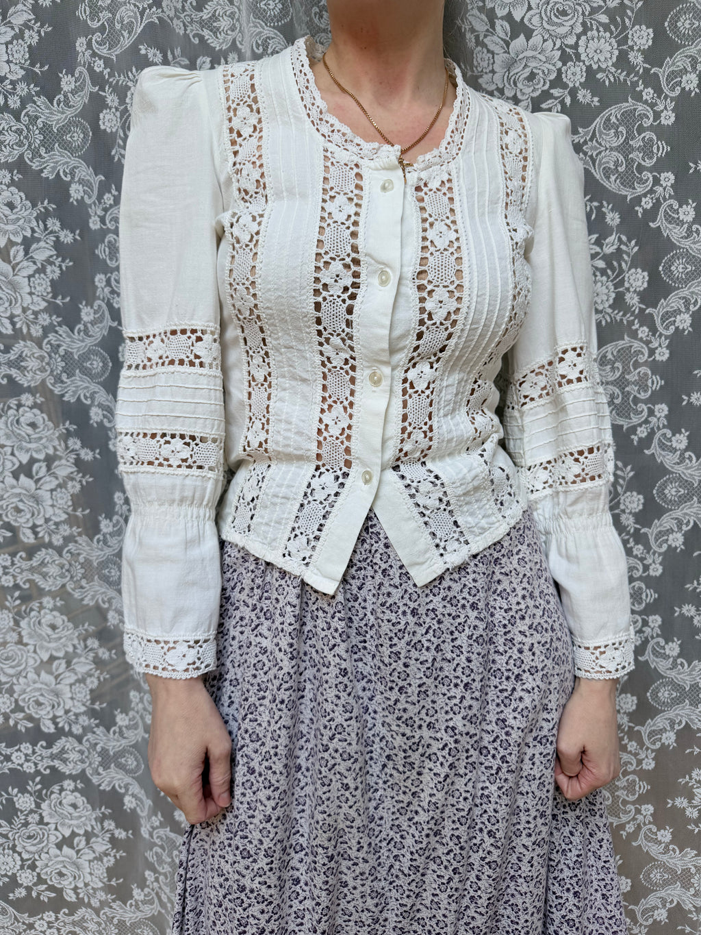The Maiden: Vintage 1970s Laura Ashley Lace Prairie Bell Sleeve Blouse