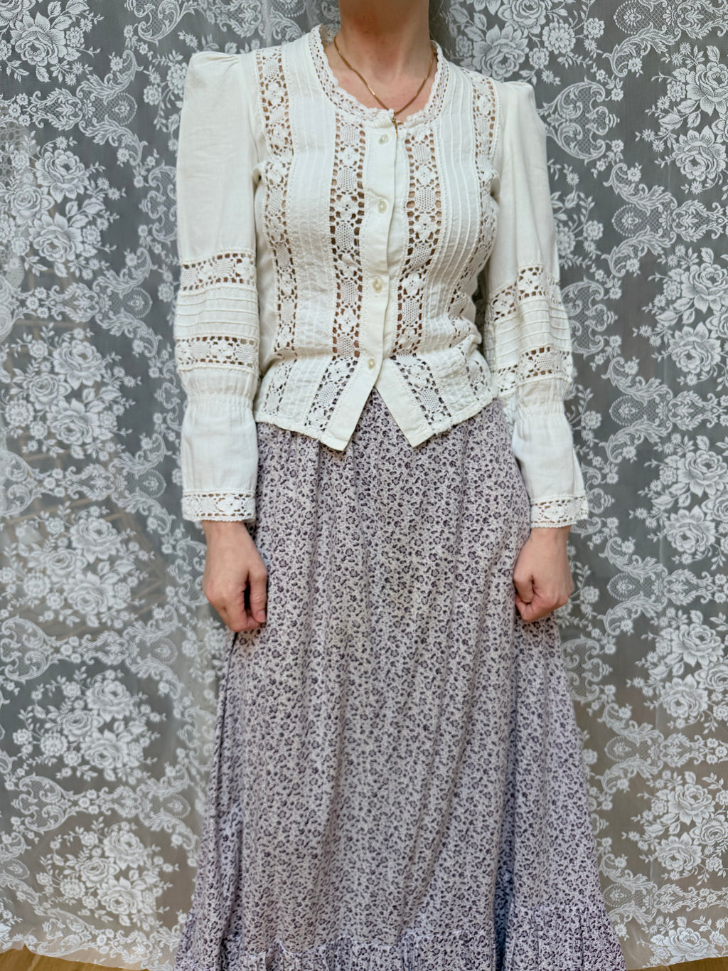 The Maiden: Vintage 1970s Laura Ashley Lace Prairie Bell Sleeve Blouse