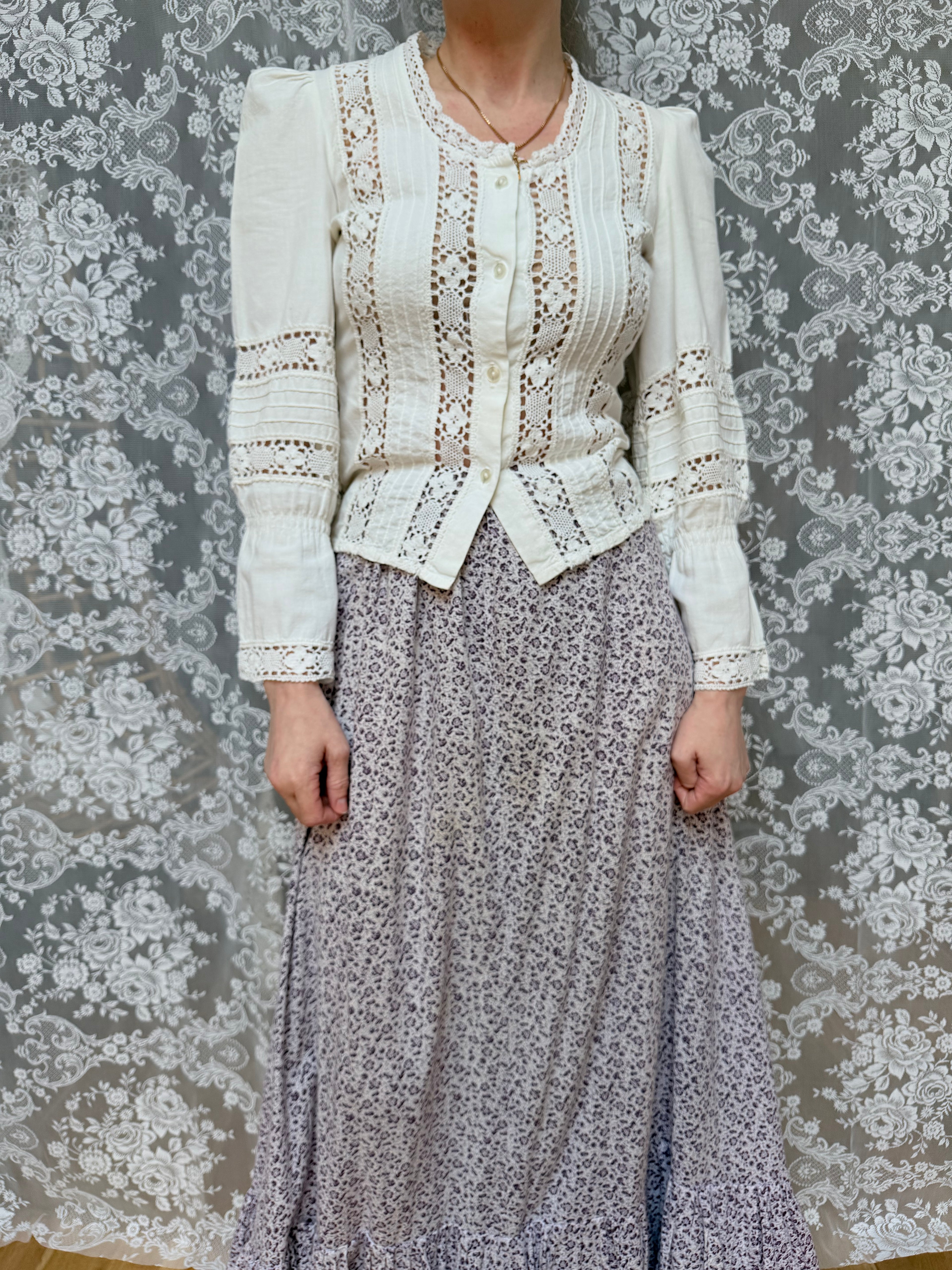 The Maiden: Vintage 1970s Laura Ashley Lace Prairie Bell Sleeve Blouse