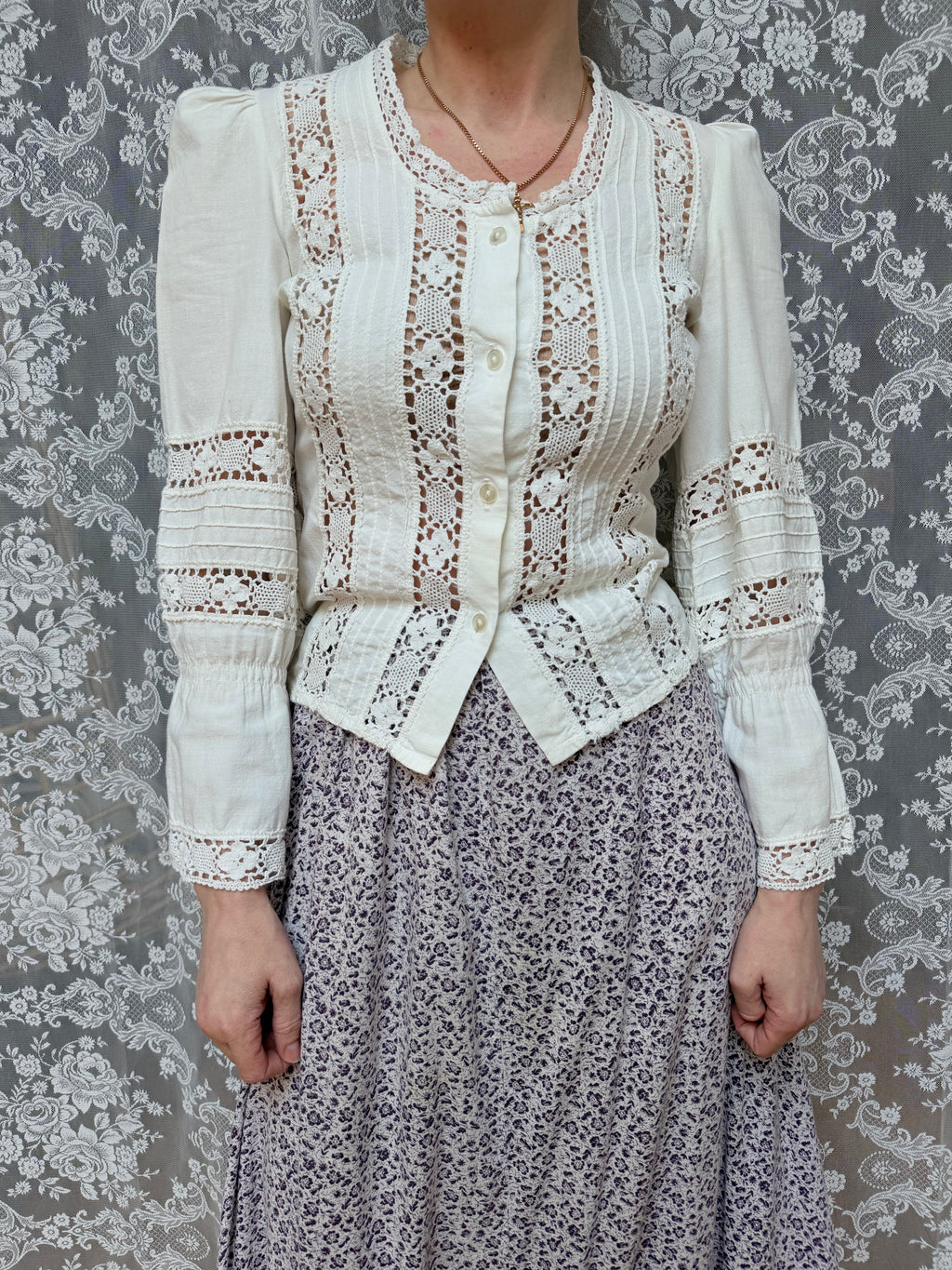 The Maiden: Vintage 1970s Laura Ashley Lace Prairie Bell Sleeve Blouse
