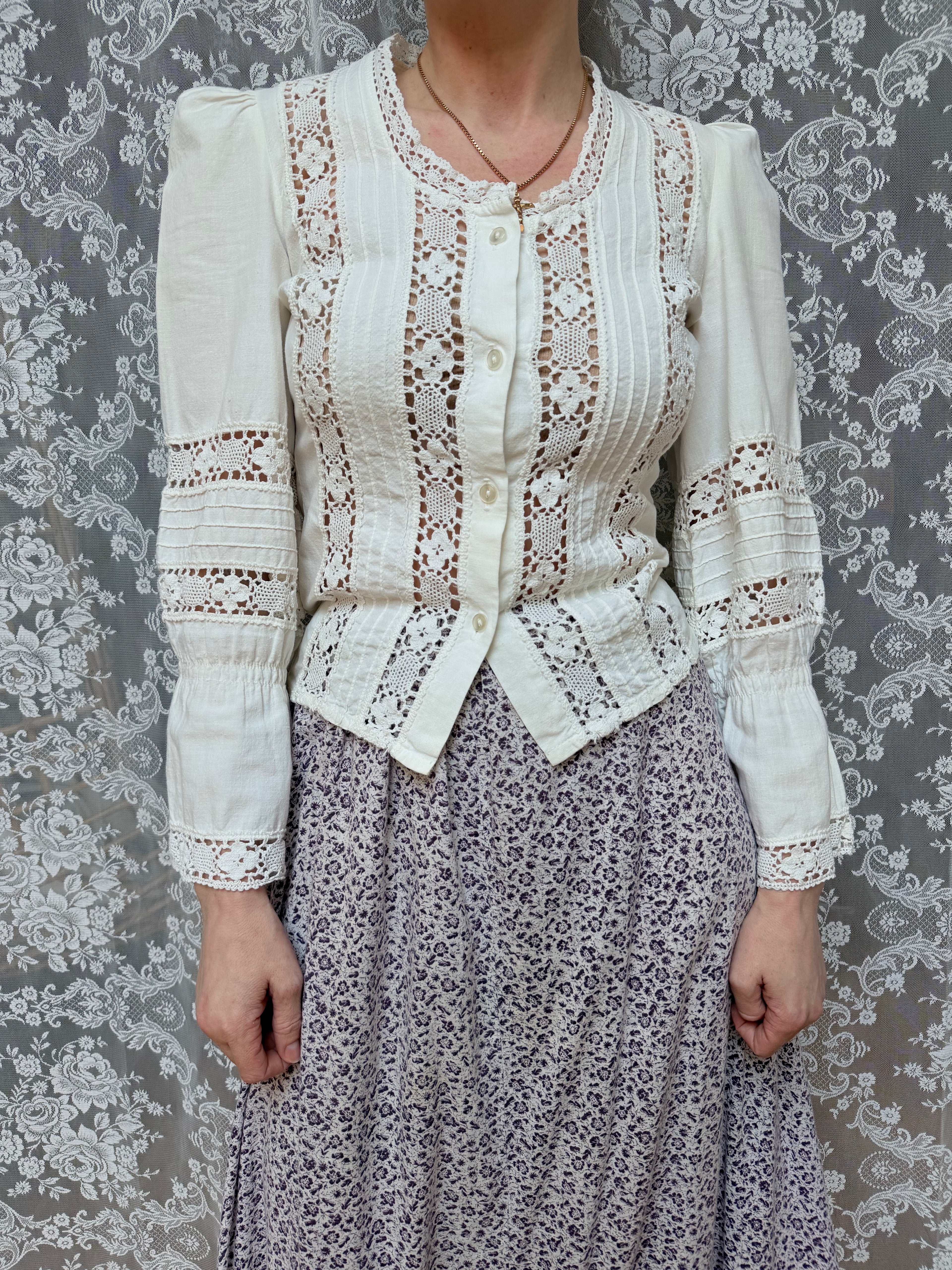 The Maiden: Vintage 1970s Laura Ashley Lace Prairie Bell Sleeve Blouse