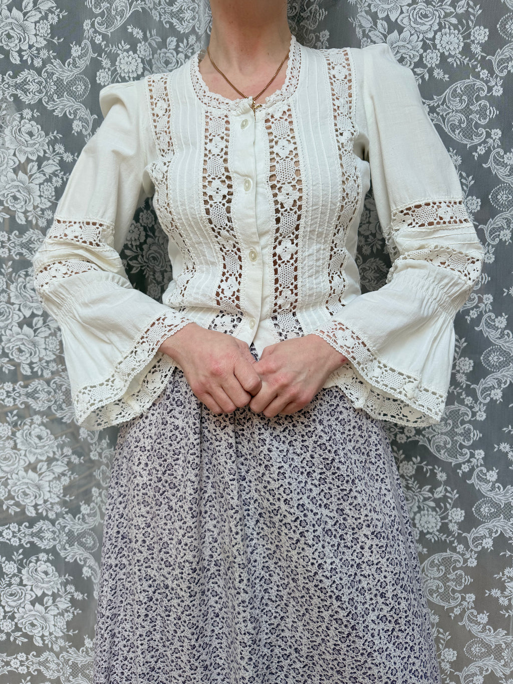 The Maiden: Vintage 1970s Laura Ashley Lace Prairie Bell Sleeve Blouse