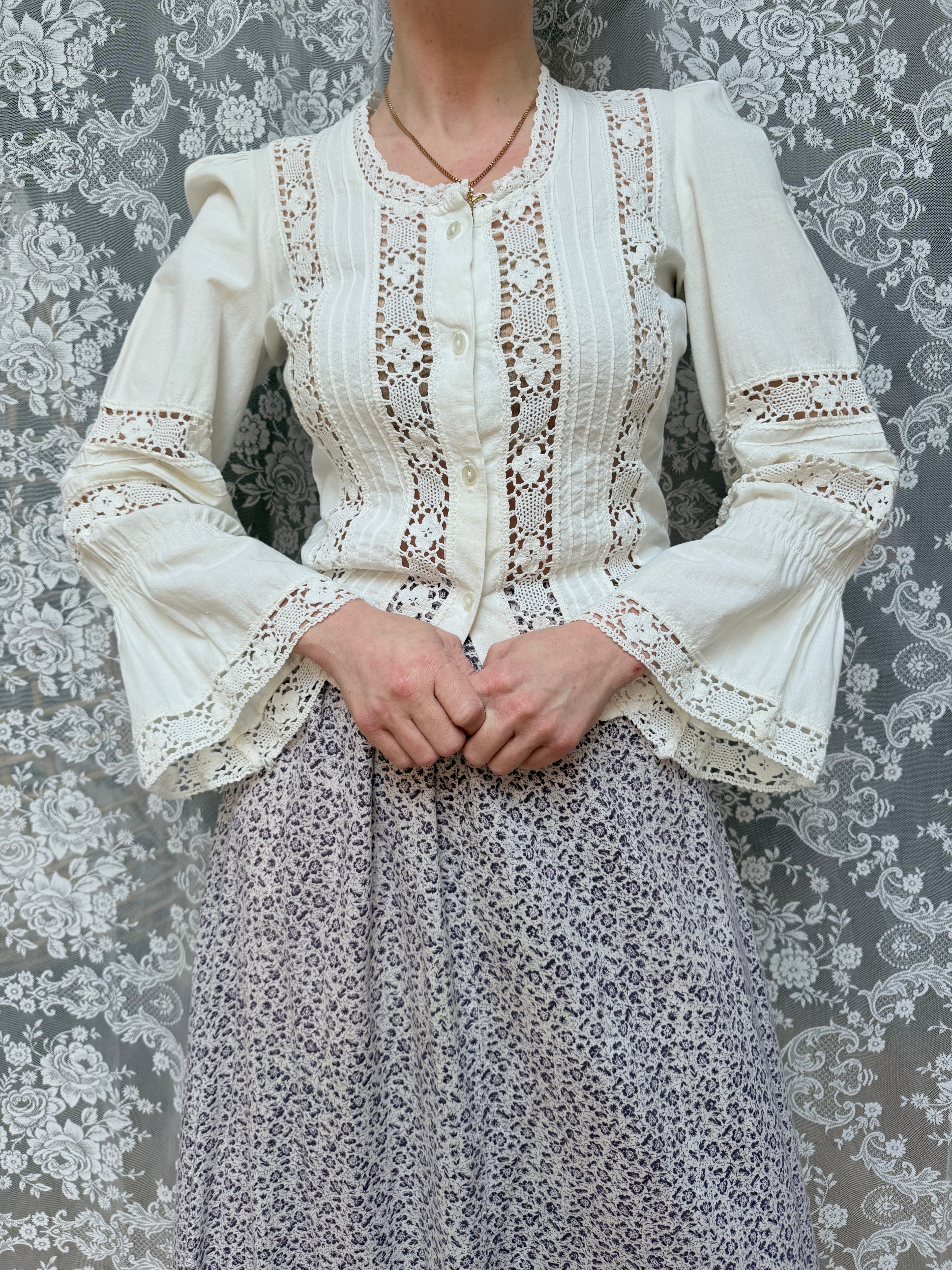 The Maiden: Vintage 1970s Laura Ashley Lace Prairie Bell Sleeve Blouse