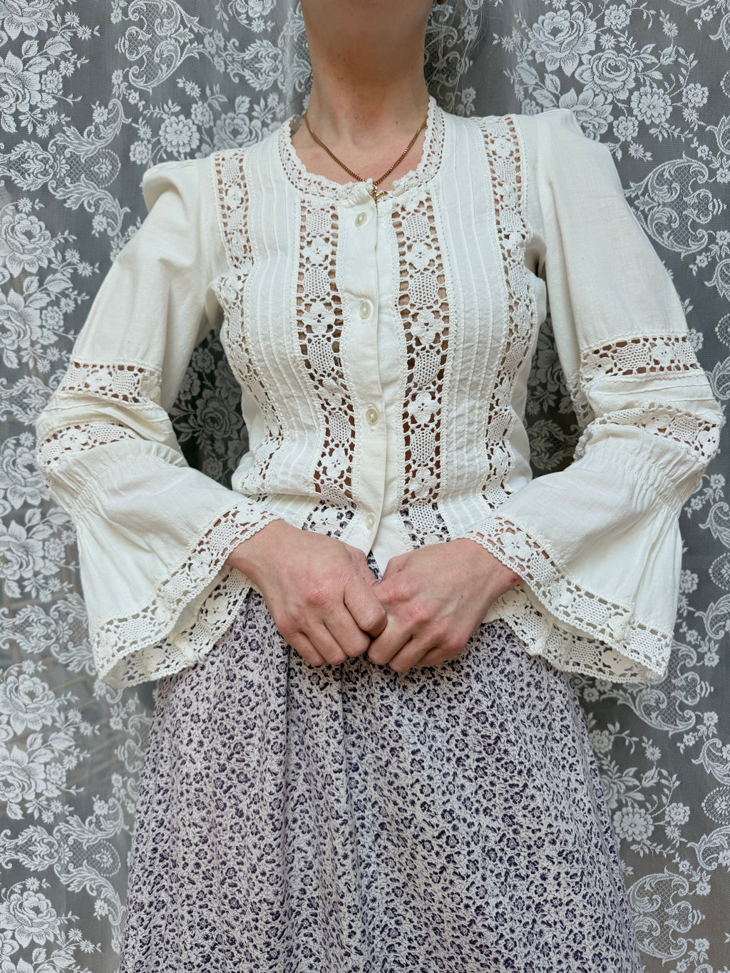 The Maiden: Vintage 1970s Laura Ashley Lace Prairie Bell Sleeve Blouse