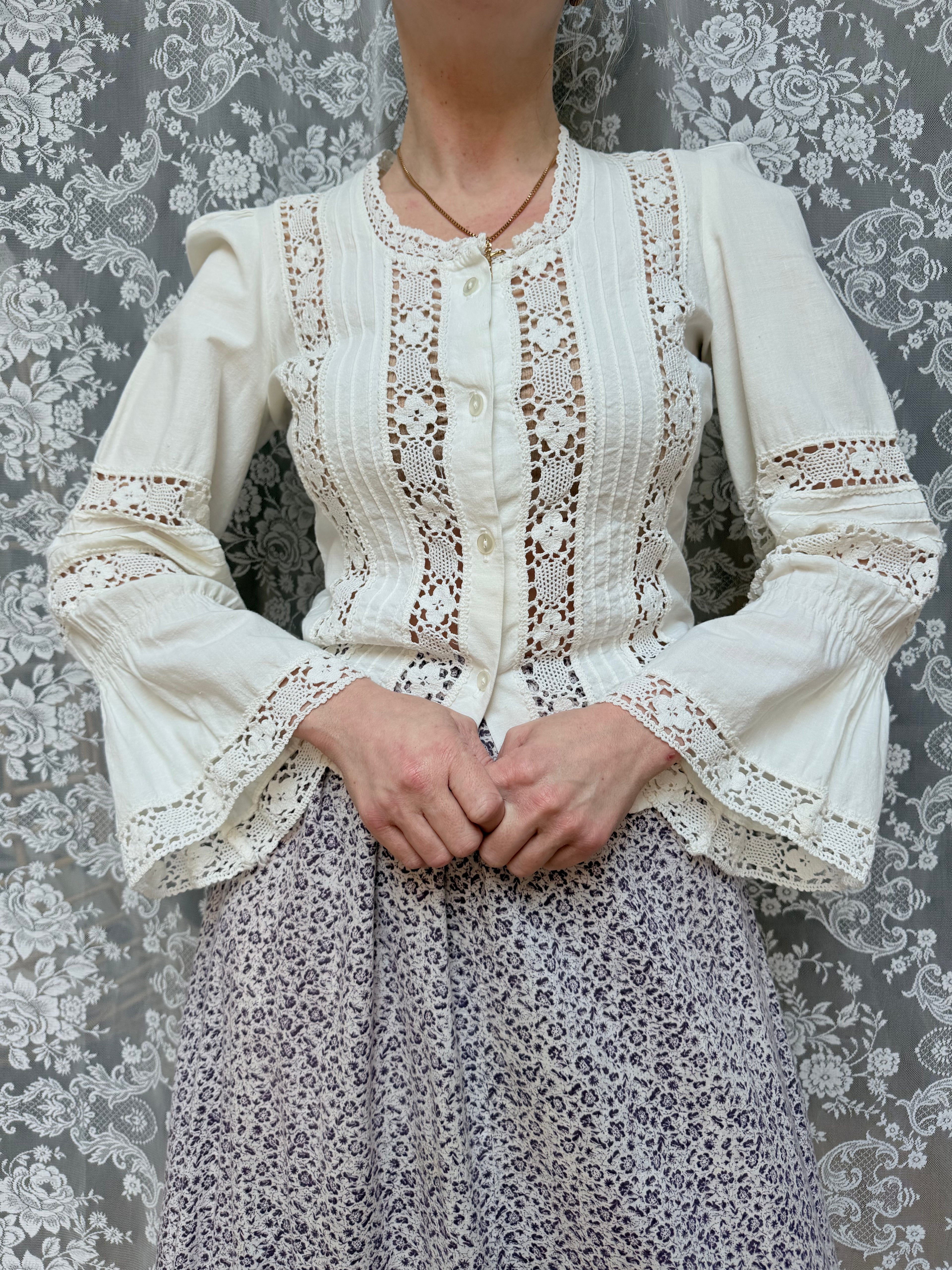 The Maiden: Vintage 1970s Laura Ashley Lace Prairie Bell Sleeve Blouse