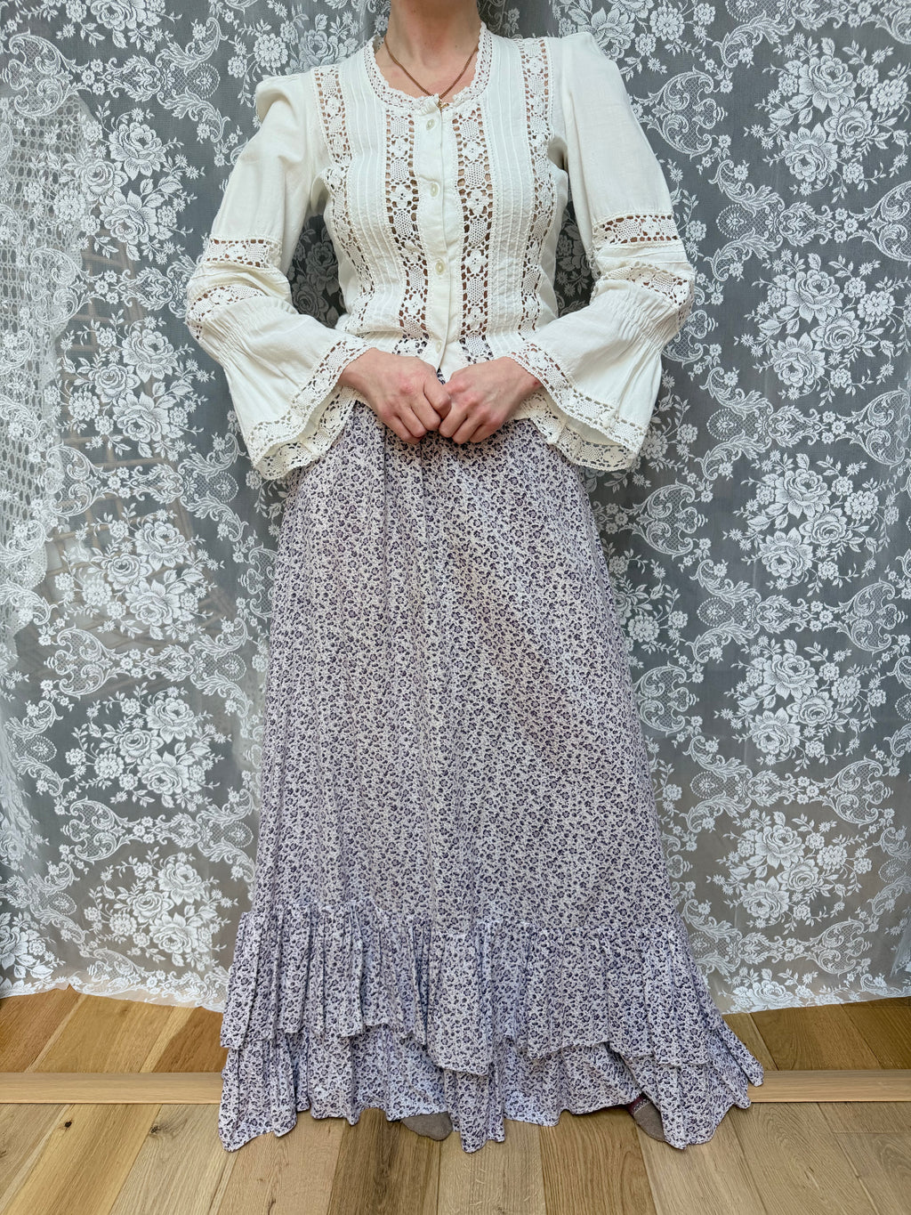 The Maiden: Vintage 1970s Laura Ashley Lace Prairie Bell Sleeve Blouse
