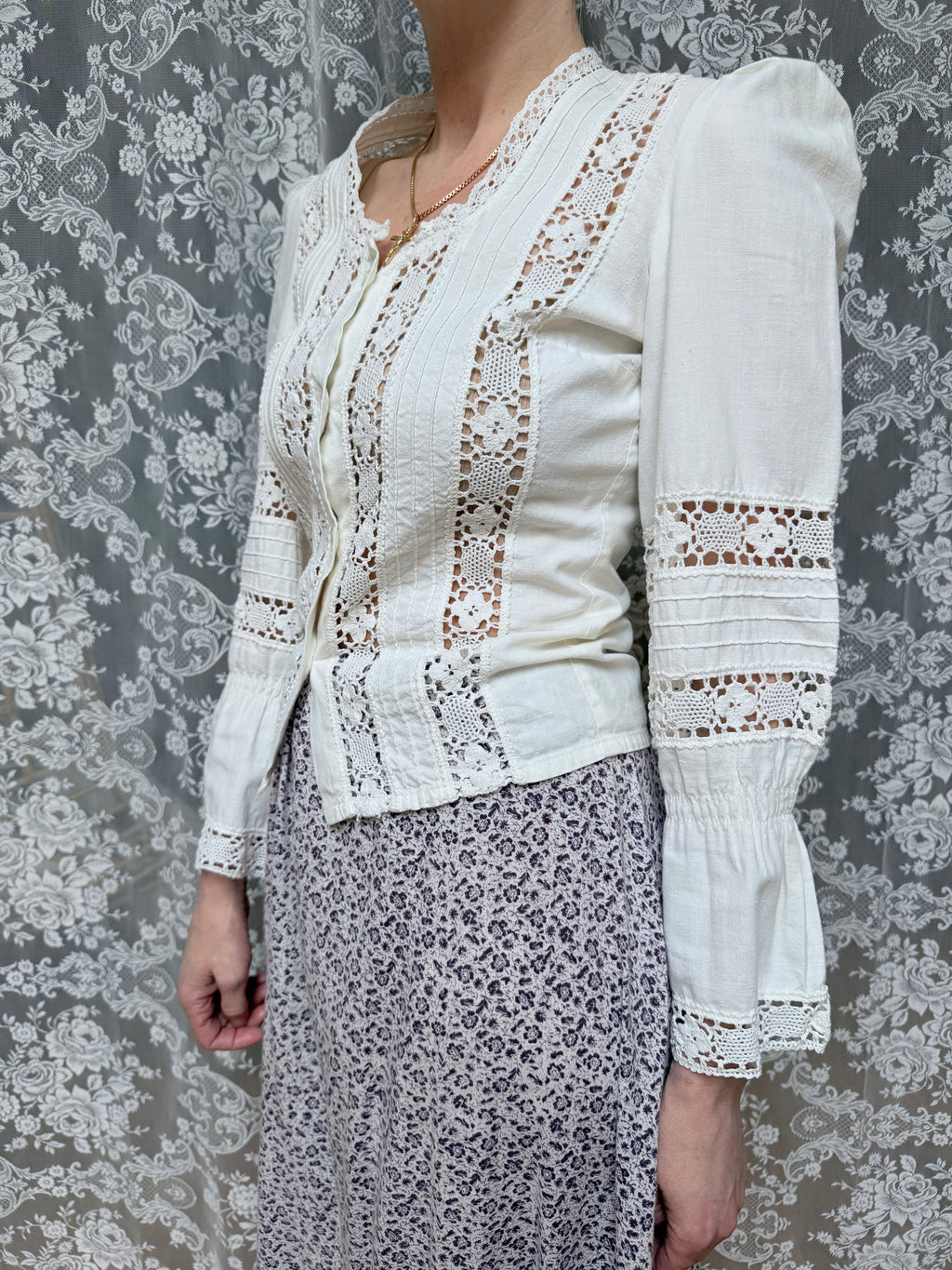 The Maiden: Vintage 1970s Laura Ashley Lace Prairie Bell Sleeve Blouse