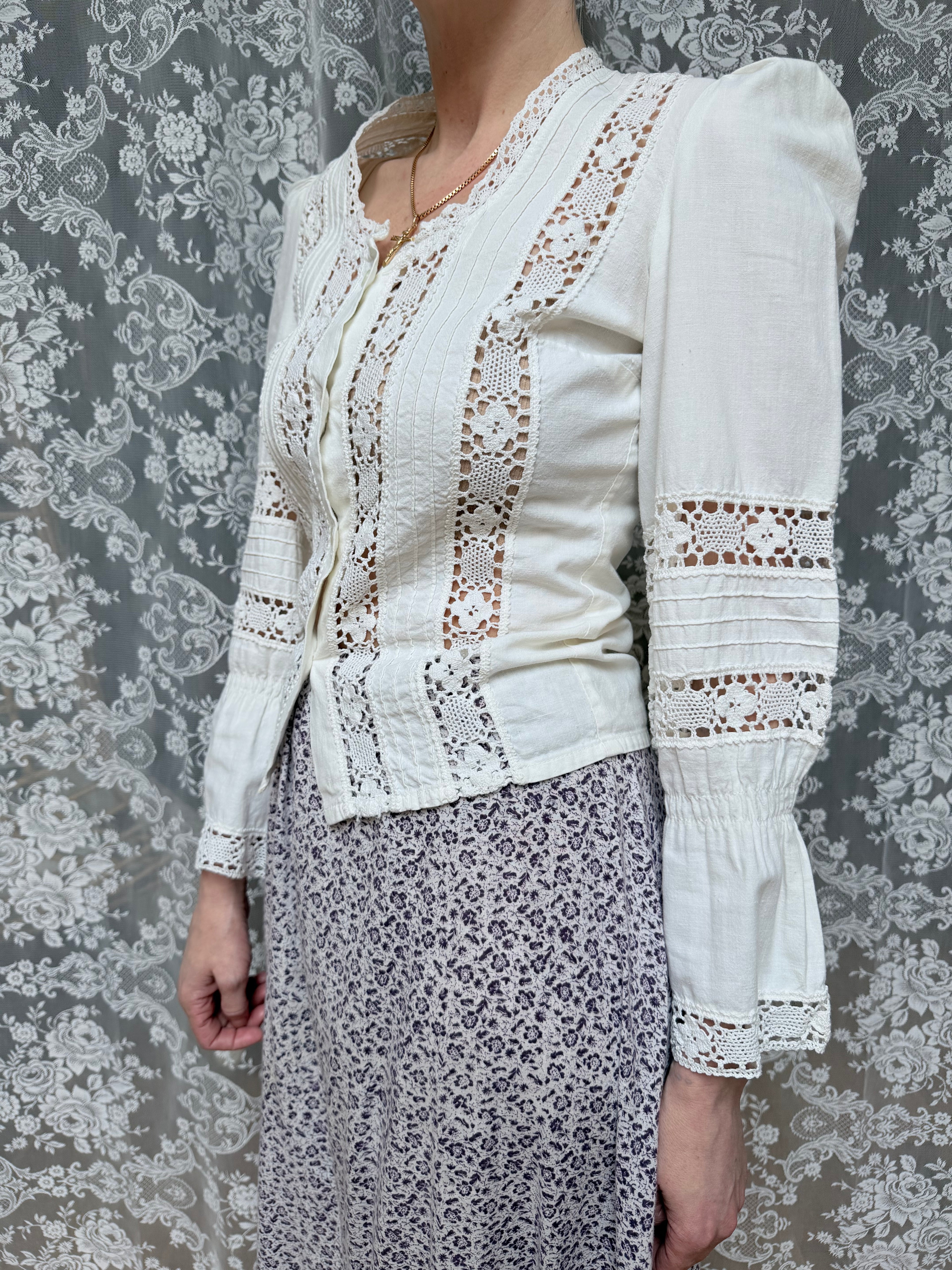 The Maiden: Vintage 1970s Laura Ashley Lace Prairie Bell Sleeve Blouse