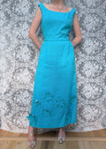 Vintage 1960s Frank Usher Blue Moygashel Floral Appliqué Gown