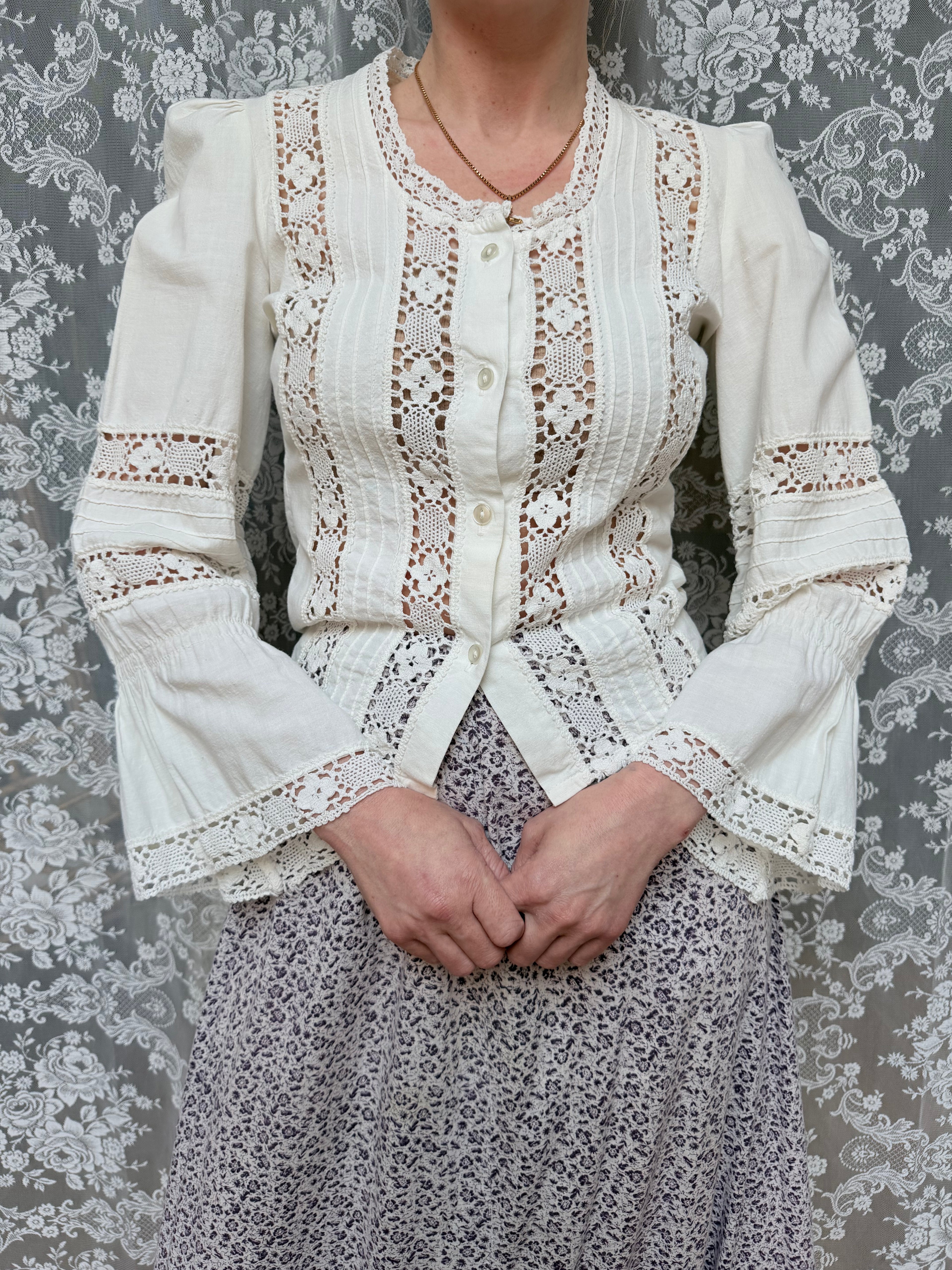 The Maiden: Vintage 1970s Laura Ashley Lace Prairie Bell Sleeve Blouse