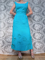 Vintage 1960s Frank Usher Blue Moygashel Floral Appliqué Gown