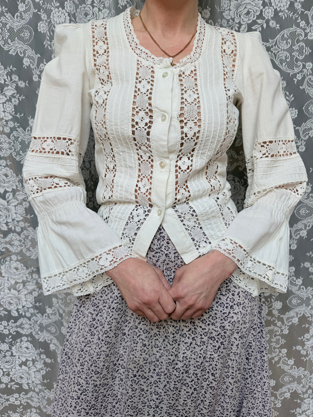 The Maiden: Vintage 1970s Laura Ashley Lace Prairie Bell Sleeve Blouse