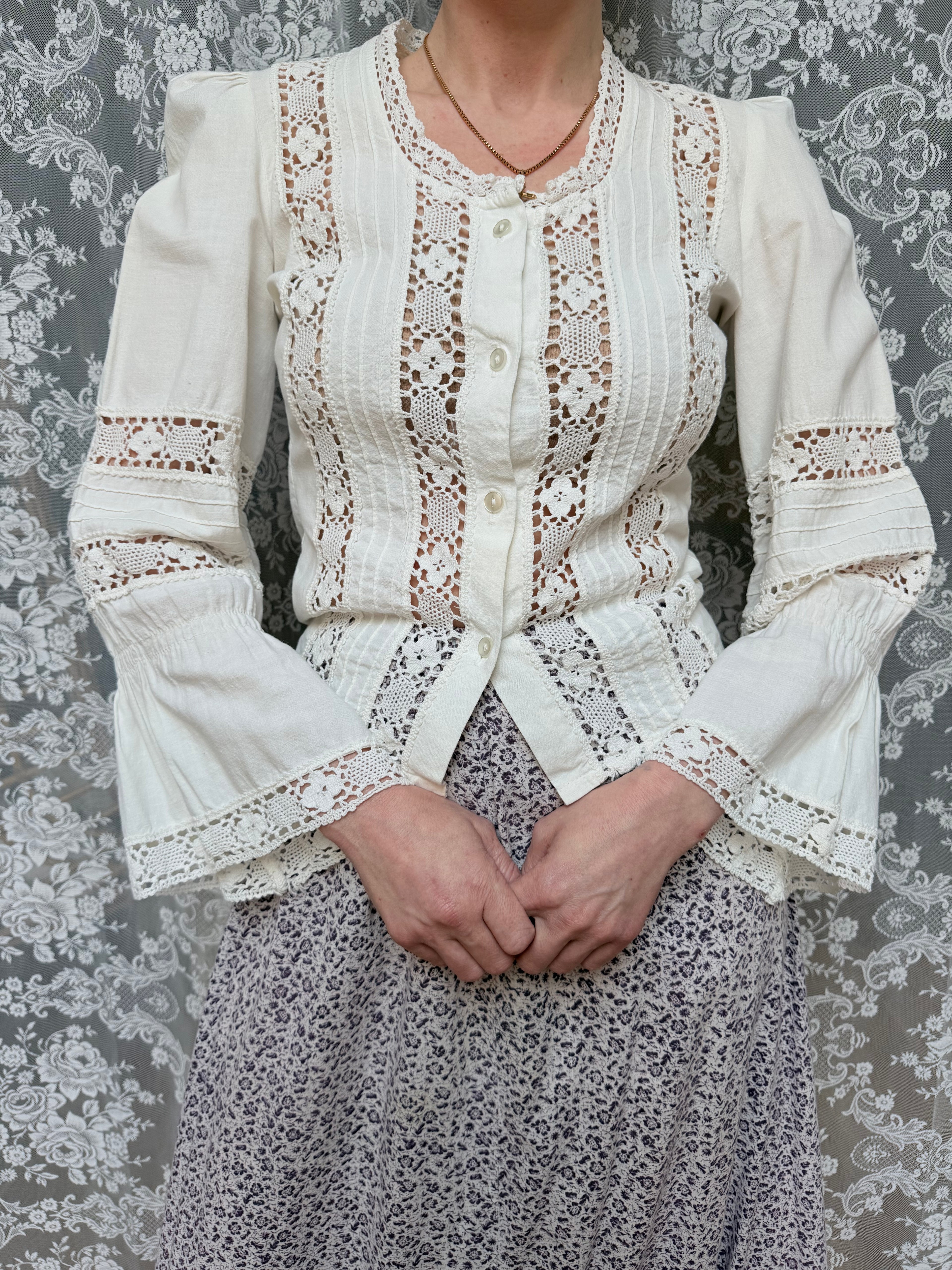 The Maiden: Vintage 1970s Laura Ashley Lace Prairie Bell Sleeve Blouse