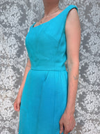 Vintage 1960s Frank Usher Blue Moygashel Floral Appliqué Gown