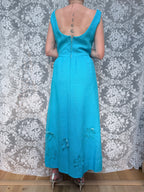 Vintage 1960s Frank Usher Blue Moygashel Floral Appliqué Gown