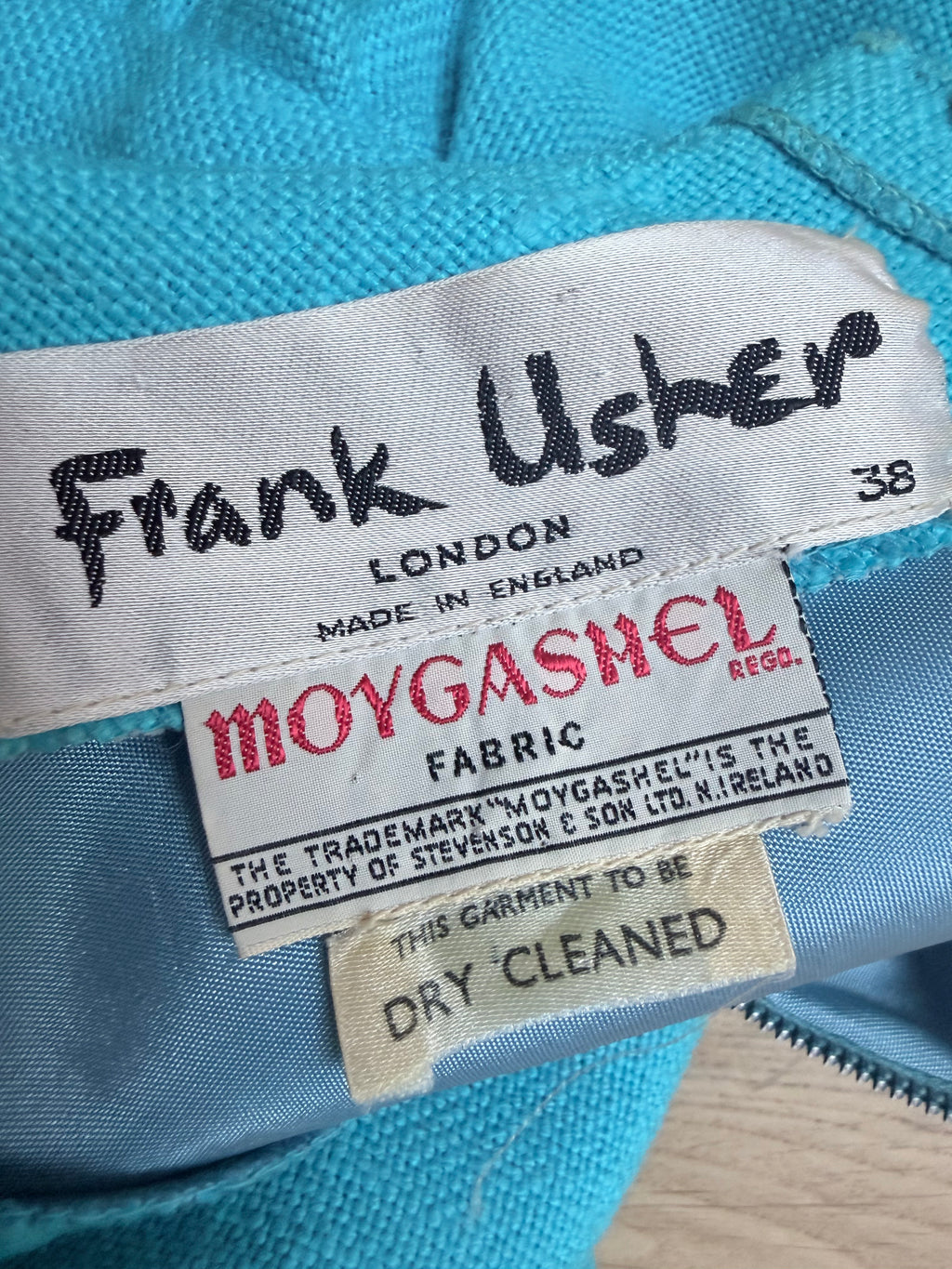 Vintage 1960s Frank Usher Blue Moygashel Floral Appliqué Gown