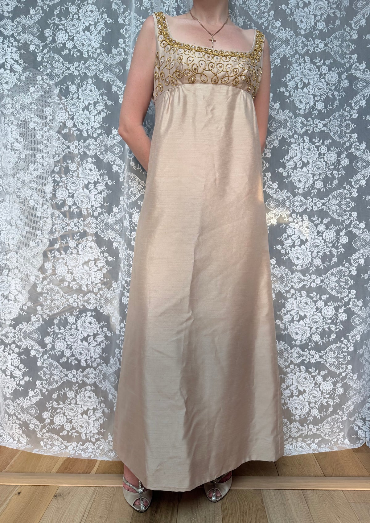 Vintage 1960s Jean Varon Gold Hand-Finished Embroidered Dress