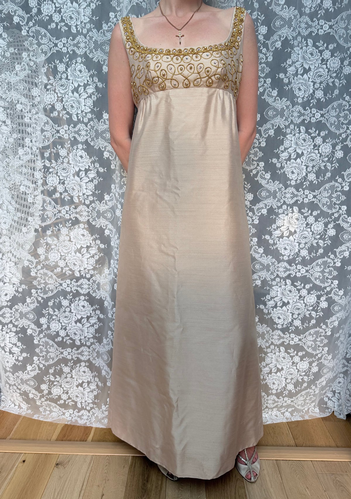 Vintage 1960s Jean Varon Gold Hand-Finished Embroidered Dress