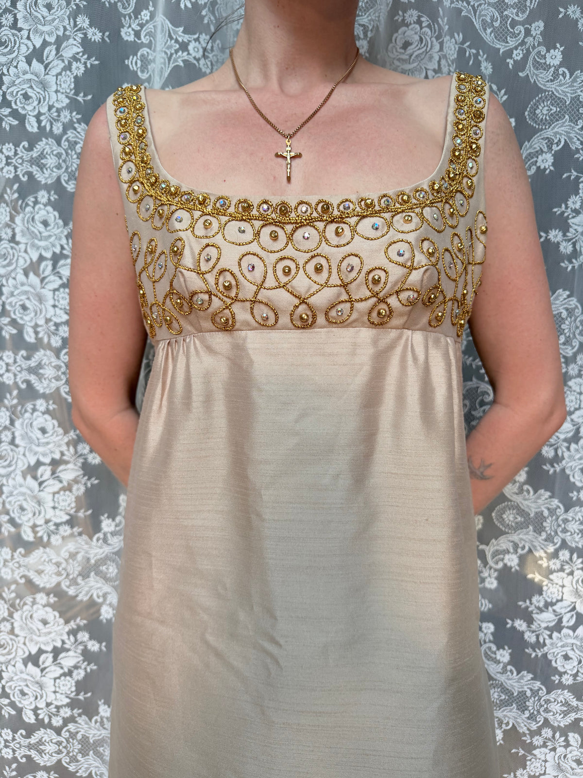Vintage 1960s Jean Varon Gold Hand-Finished Embroidered Dress