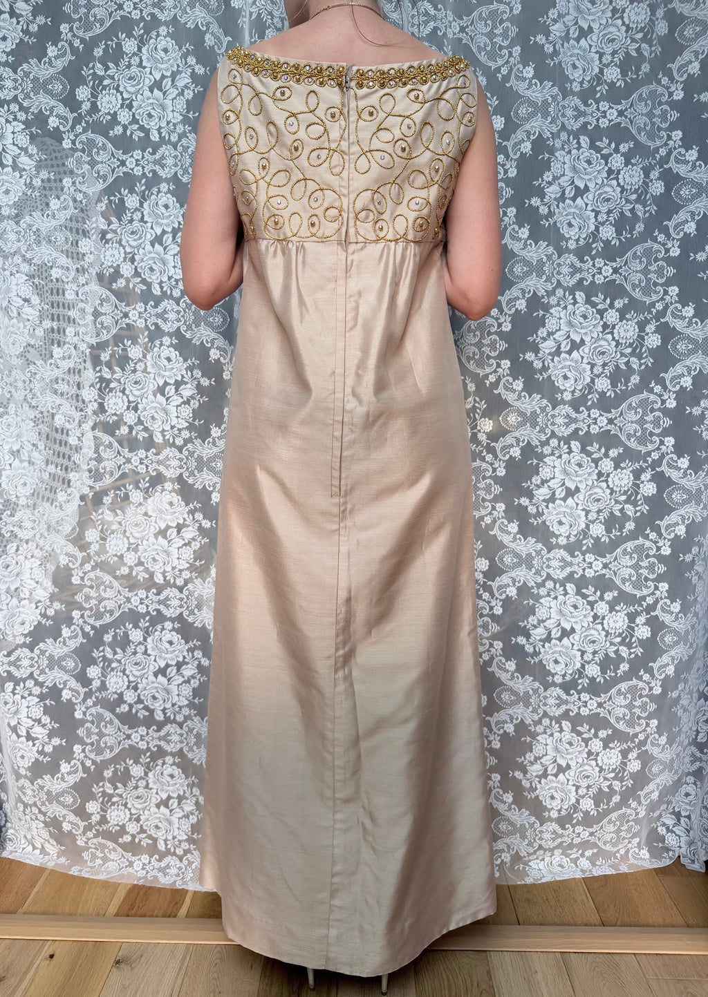 Vintage 1960s Jean Varon Gold Hand-Finished Embroidered Dress