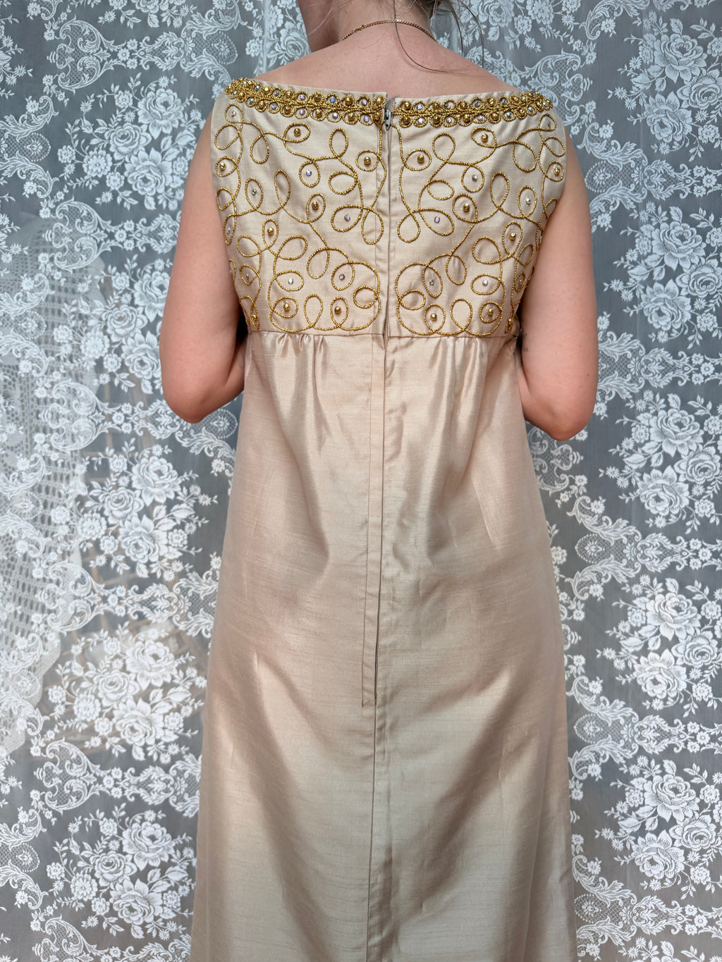 Vintage 1960s Jean Varon Gold Hand-Finished Embroidered Dress