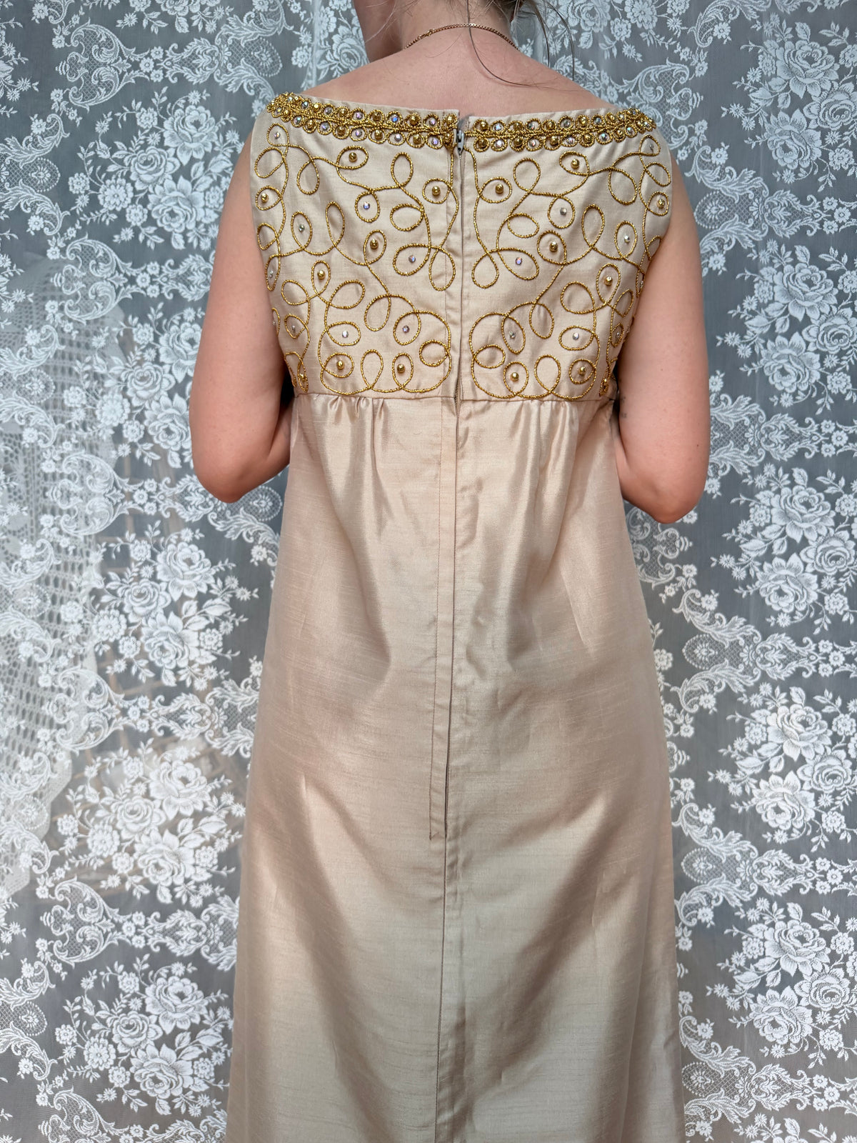 Vintage 1960s Jean Varon Gold Hand-Finished Embroidered Dress