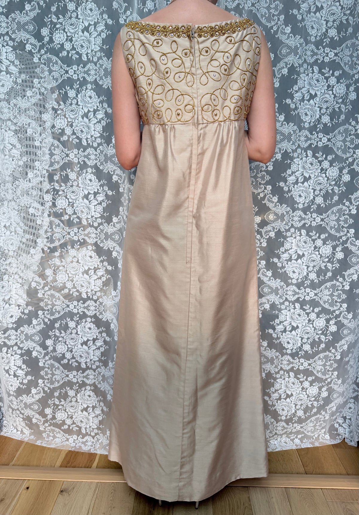 Vintage 1960s Jean Varon Gold Hand-Finished Embroidered Dress