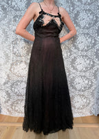 Antique 1920s Black Cotton Ball Gown Dress with Pink Bow Front