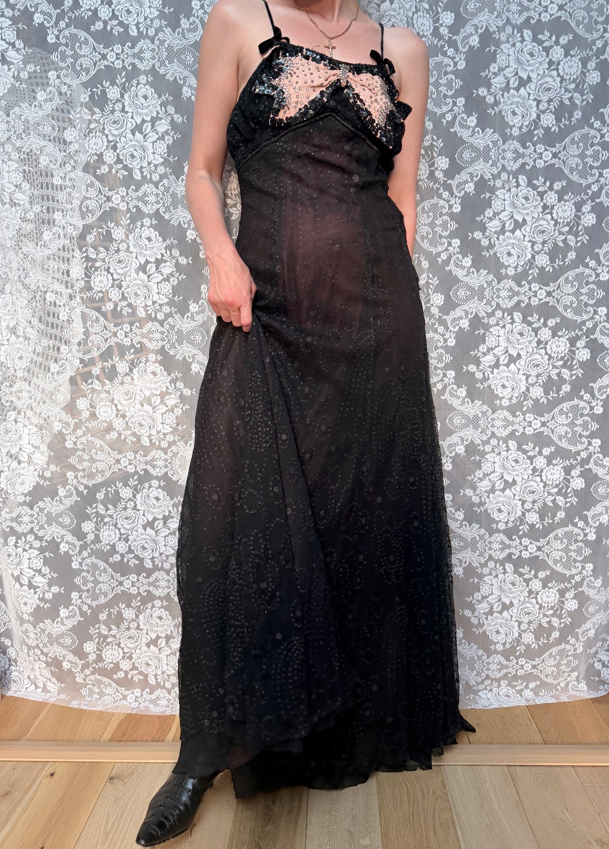 Antique 1920s Black Cotton Ball Gown Dress with Pink Bow Front