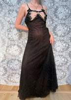 Antique 1920s Black Cotton Ball Gown Dress with Pink Bow Front