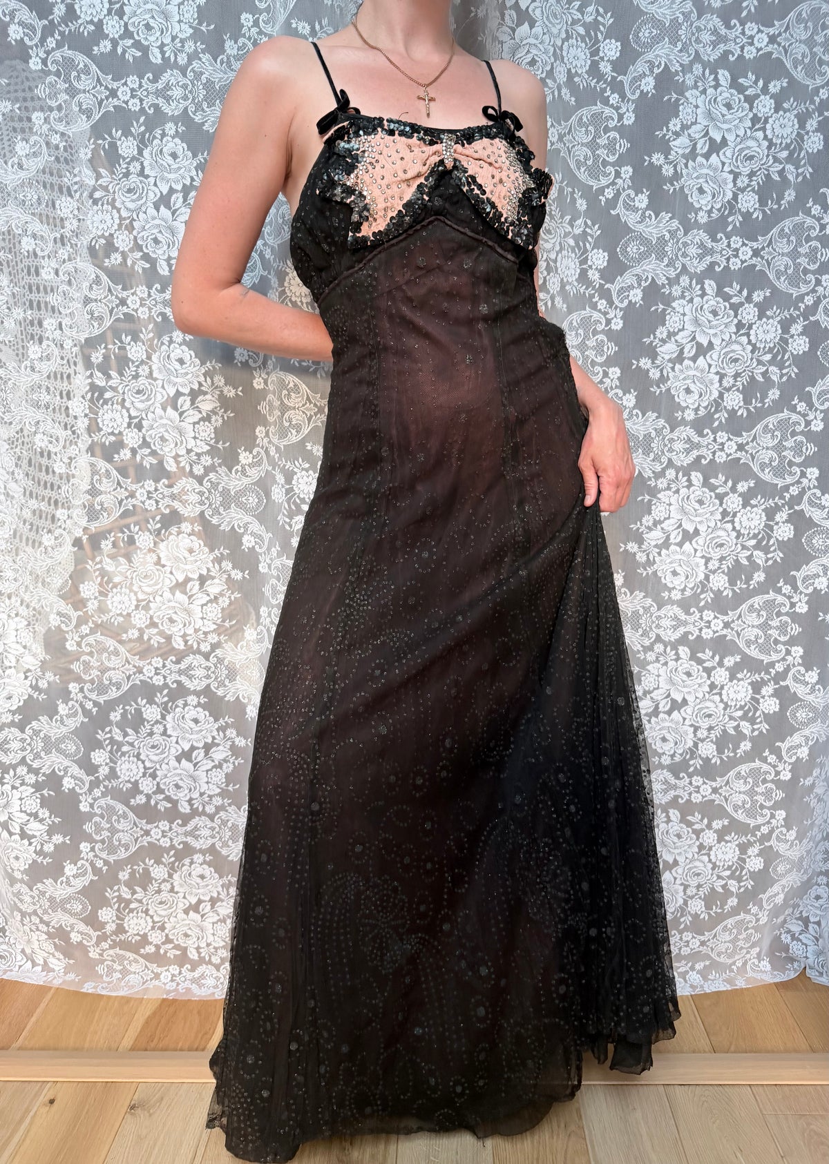 Antique 1920s Black Cotton Ball Gown Dress with Pink Bow Front