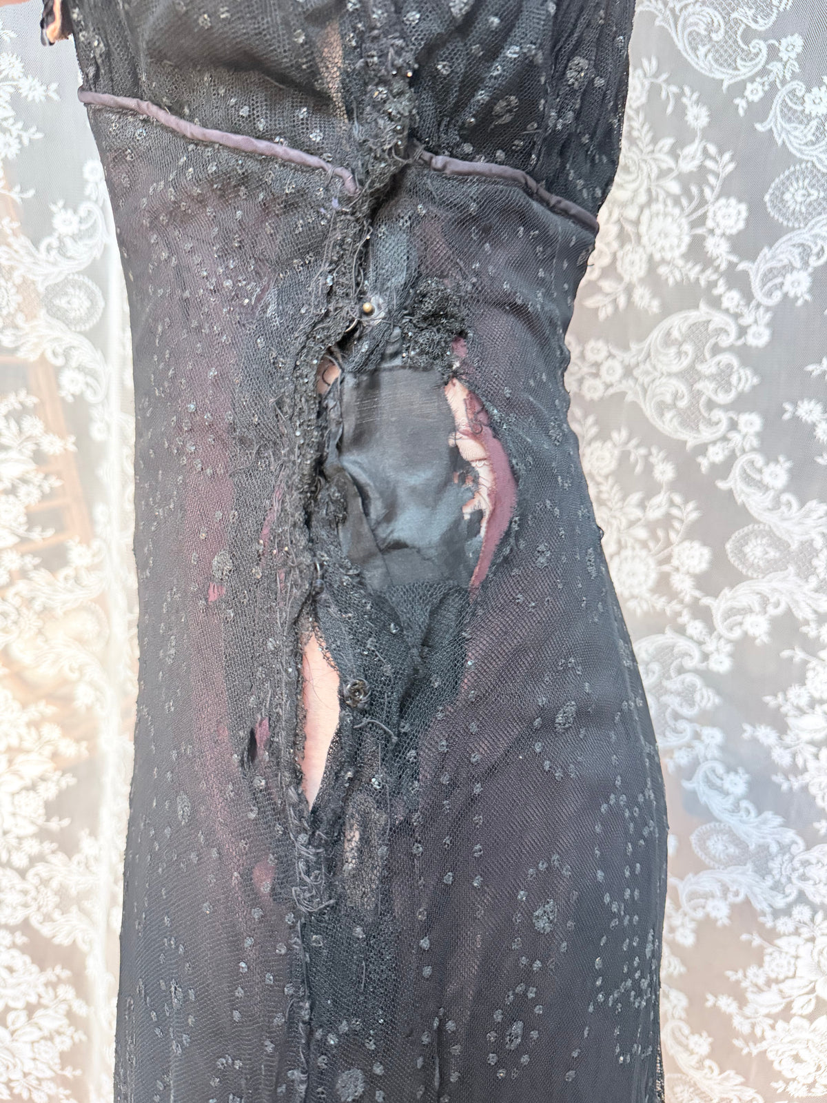 Antique 1920s Black Cotton Ball Gown Dress with Pink Bow Front