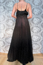 Antique 1920s Black Cotton Ball Gown Dress with Pink Bow Front