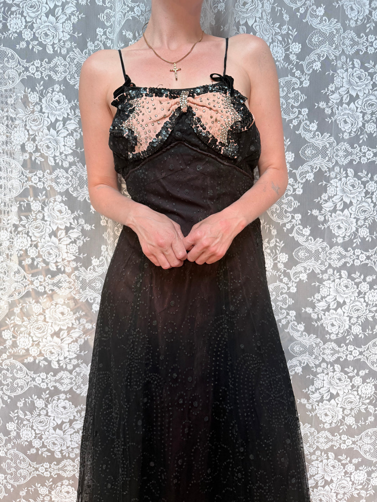 Antique 1920s Black Cotton Ball Gown Dress with Pink Bow Front