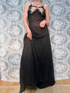 Antique 1920s Black Cotton Ball Gown Dress with Pink Bow Front