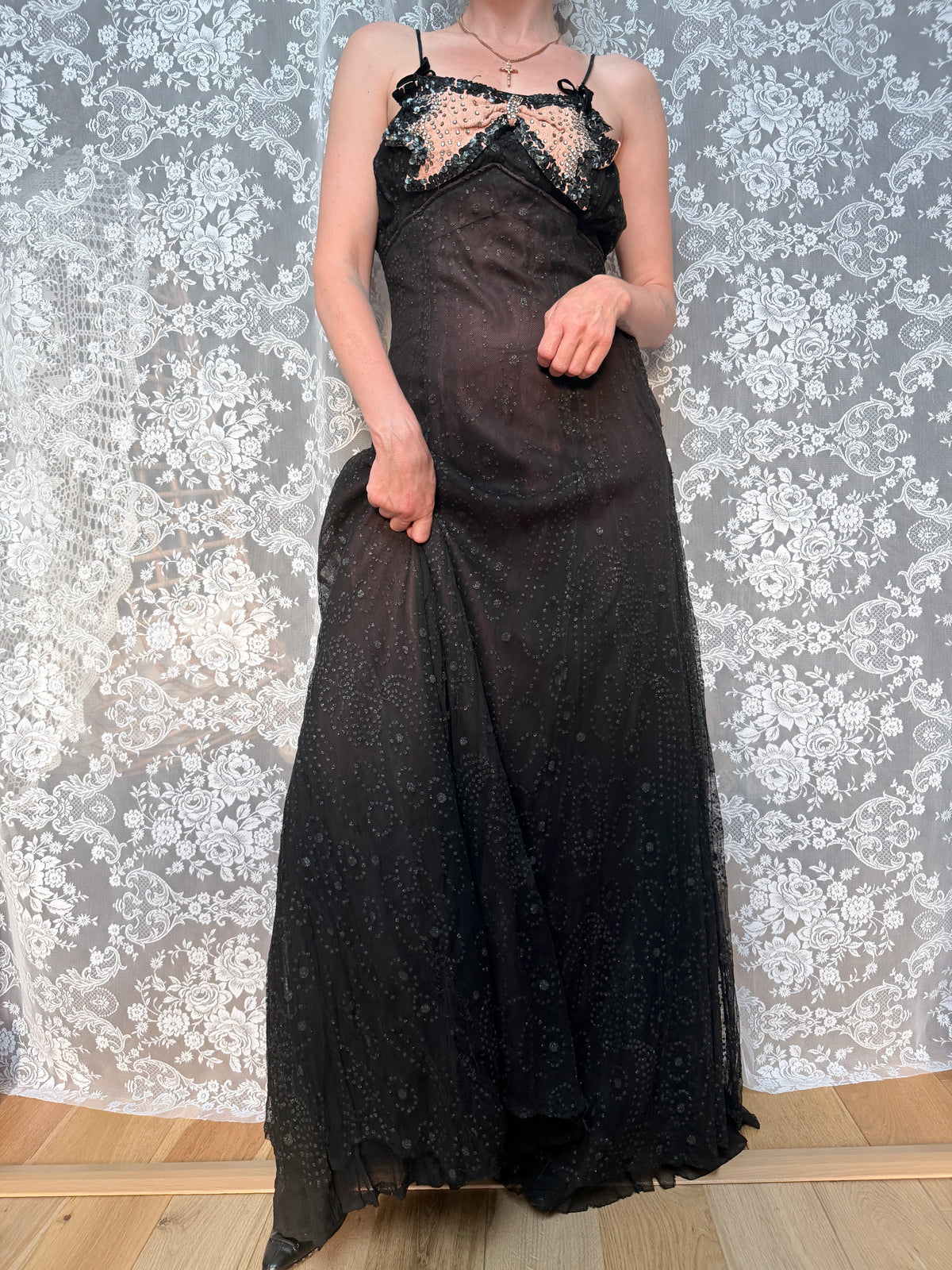 Antique 1920s Black Cotton Ball Gown Dress with Pink Bow Front