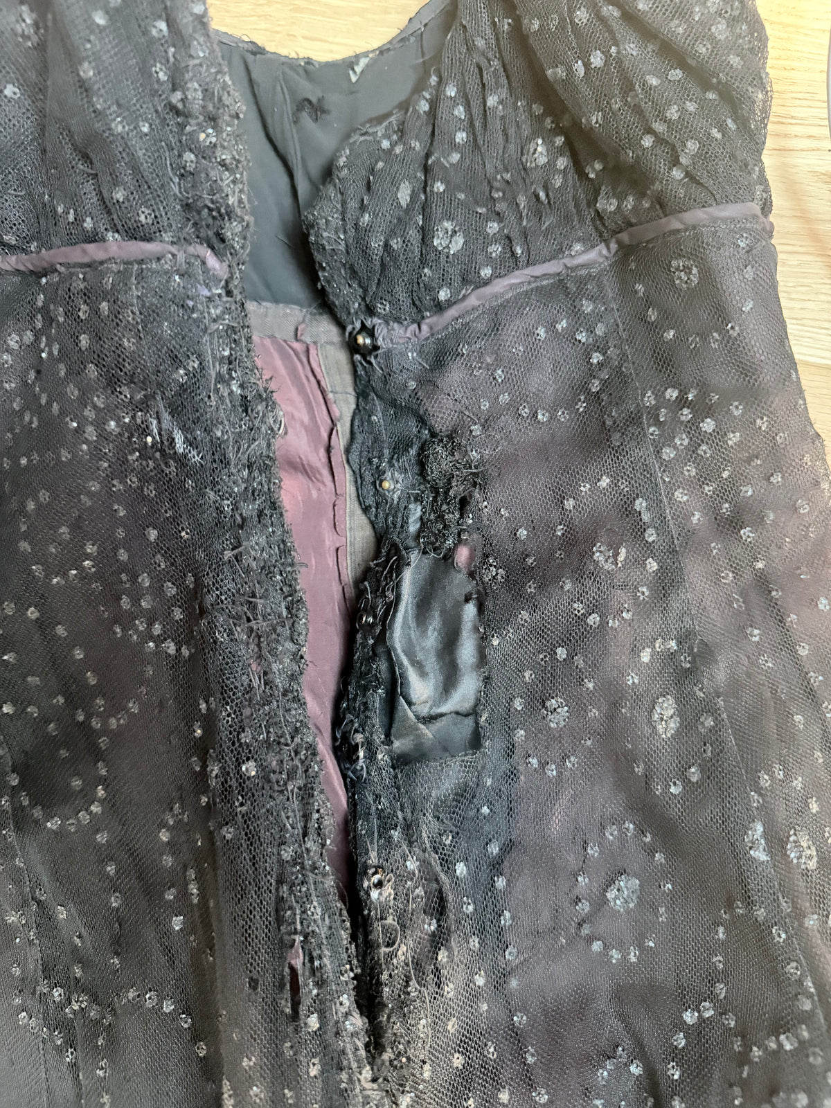 Antique 1920s Black Cotton Ball Gown Dress with Pink Bow Front