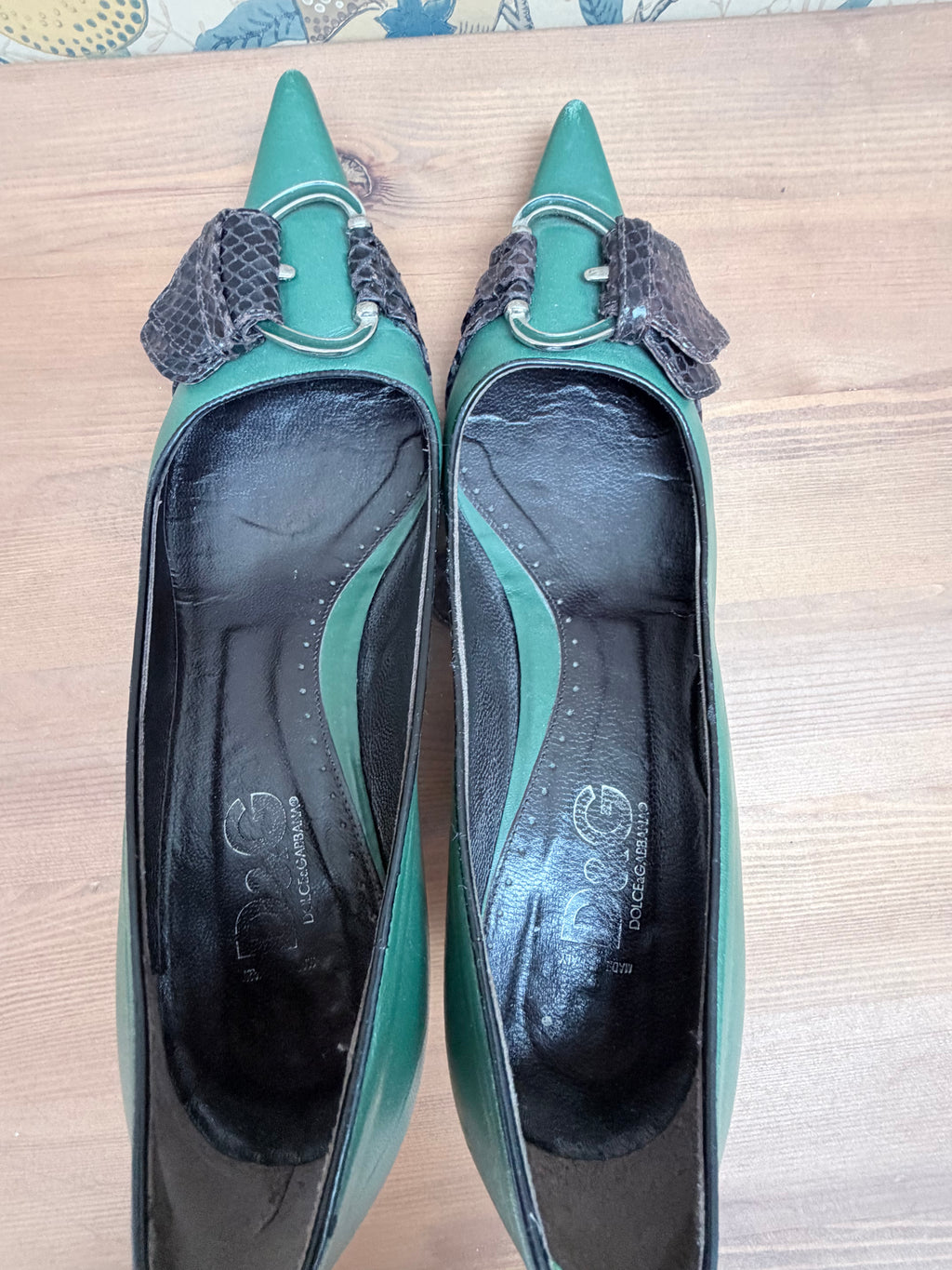 Rare Vintage 1990s Dolce & Gabbana Green Leather Kitten Heels