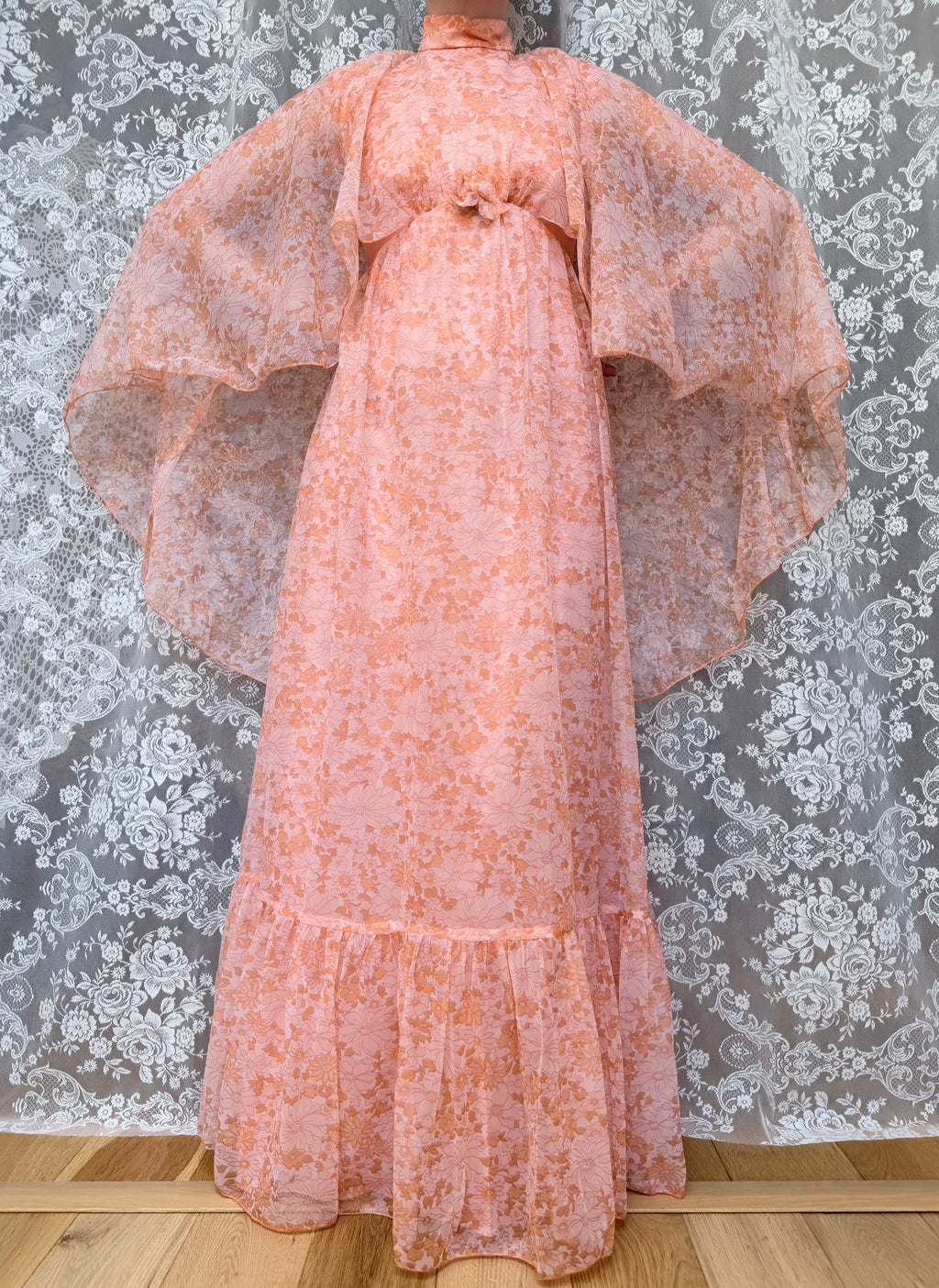 Vintage Handmade 1970s Pink Peach Batwing Cape Floral Maxi Dress