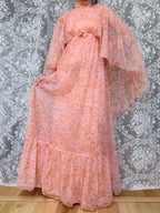 Vintage Handmade 1970s Pink Peach Batwing Cape Floral Maxi Dress