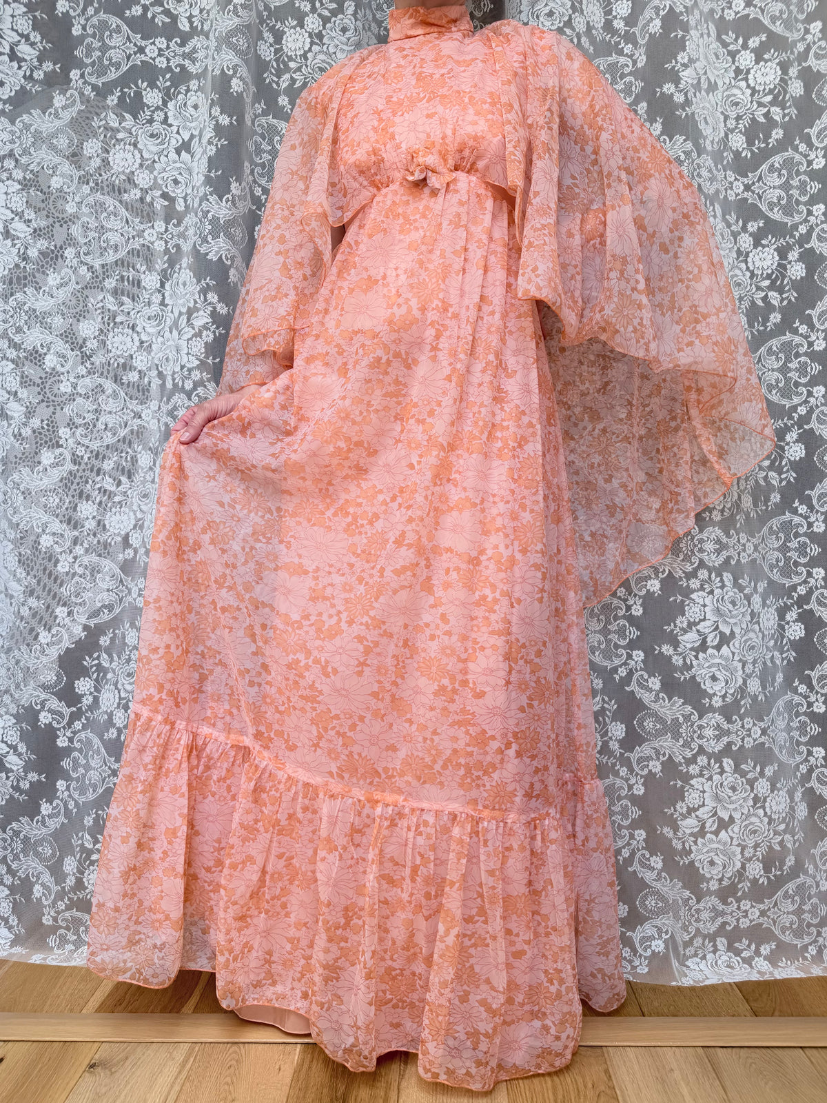 Vintage Handmade 1970s Pink Peach Batwing Cape Floral Maxi Dress