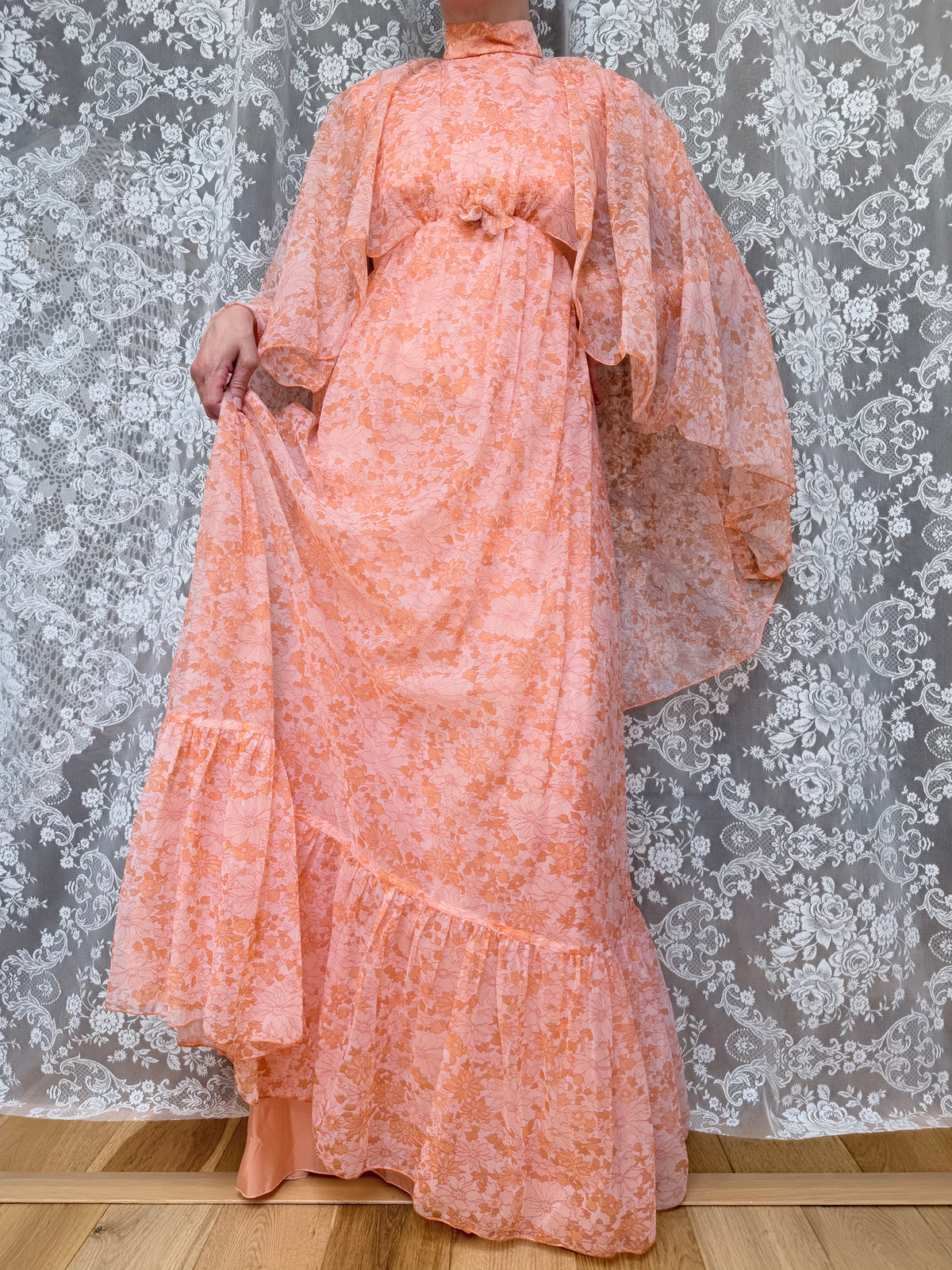 Vintage Handmade 1970s Pink Peach Batwing Cape Floral Maxi Dress