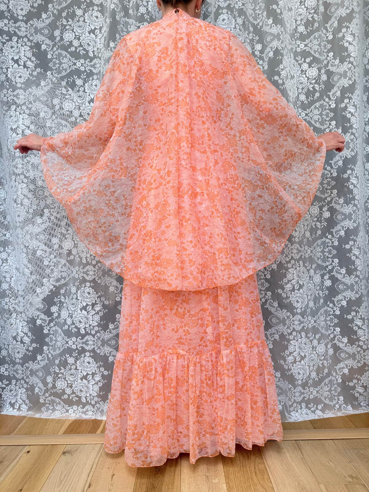 Vintage Handmade 1970s Pink Peach Batwing Cape Floral Maxi Dress