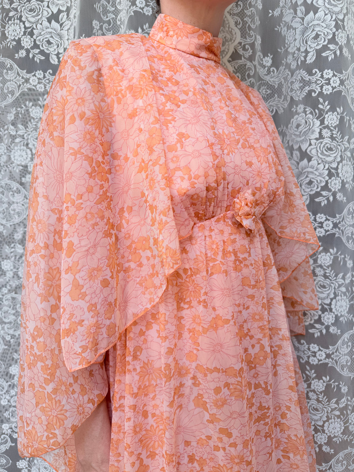 Vintage Handmade 1970s Pink Peach Batwing Cape Floral Maxi Dress