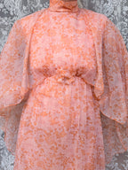 Vintage Handmade 1970s Pink Peach Batwing Cape Floral Maxi Dress