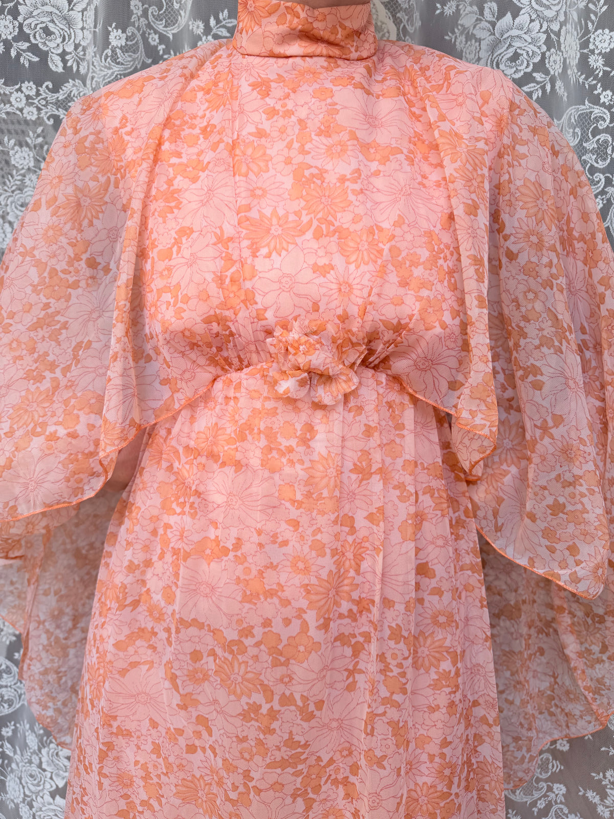 Vintage Handmade 1970s Pink Peach Batwing Cape Floral Maxi Dress